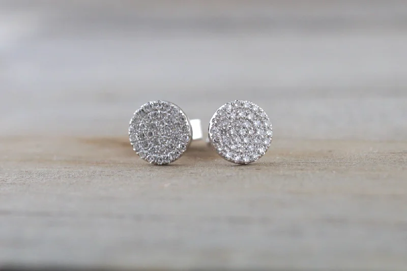 women's earrings drop -14k White Gold Disk Design Circle Infinite Diamond Earrings Stud Post Studs Round Micro Pave Flat