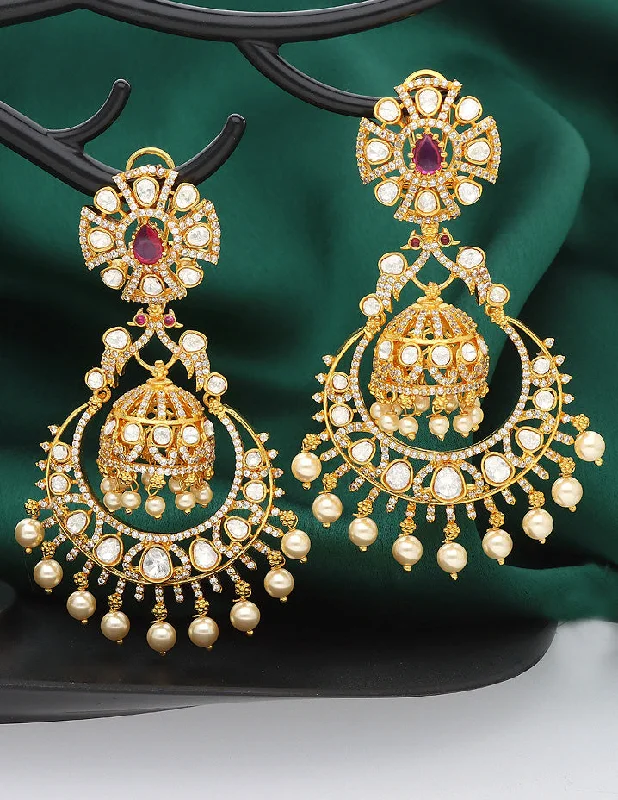 women's earrings drop gemstone -Stunning Designer Zirconia Chandbutta Earrings