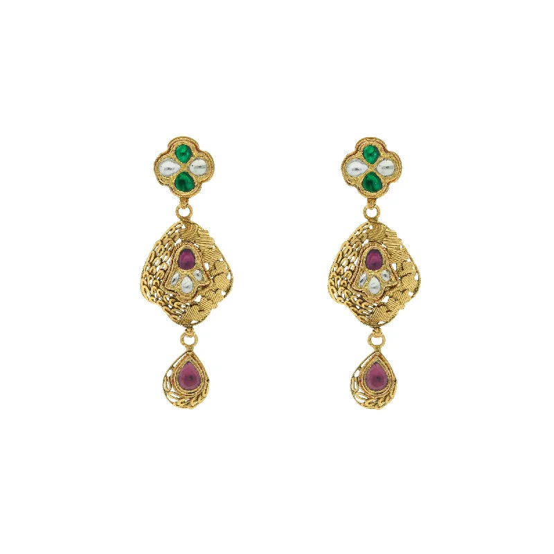 women's earrings with star shape -22K Yellow Gold Exquisite Hanging Earrings Finished W/ Kundan, 16.7 grams