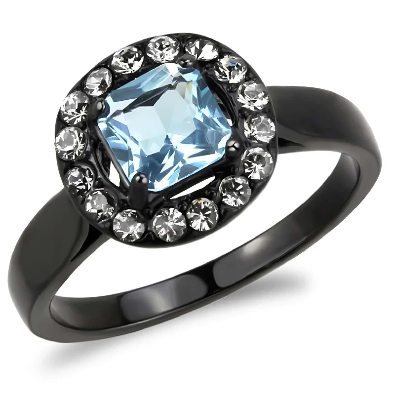 women's rings with sapphire halo -Women's 6x6mm Princess Cut Topaz CZ Center Black IP Stainless Steel Cocktail Ring