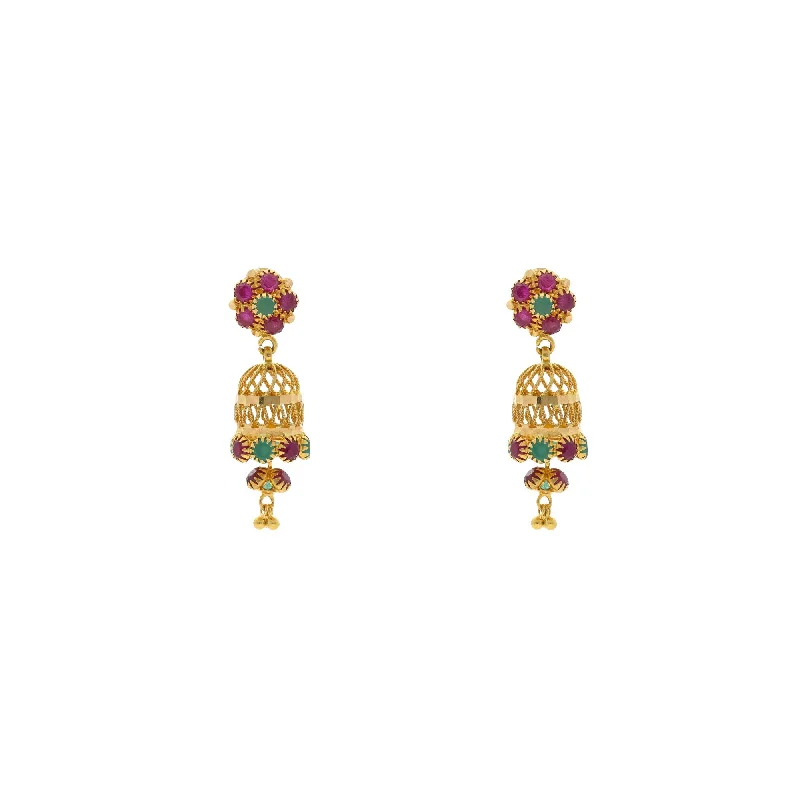 women's earrings with satin finish -22K Yellow Gold Exotic Jhumka Drop Earrings W/ Emeralds & Rubies, 5.6 grams