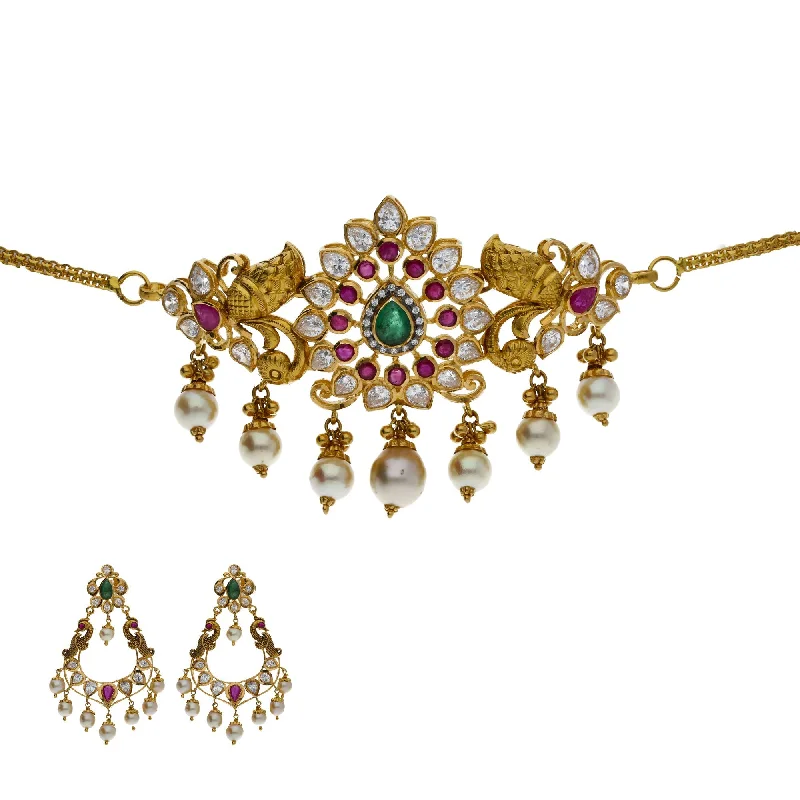 women's earrings bold hoop earrings -22K Yellow Antique Gold 2-in-1 Choker/Vanki & Chandbali Earrings Set W/ Emerald, Ruby, CZ, Pearls & Pear Shaped Accents