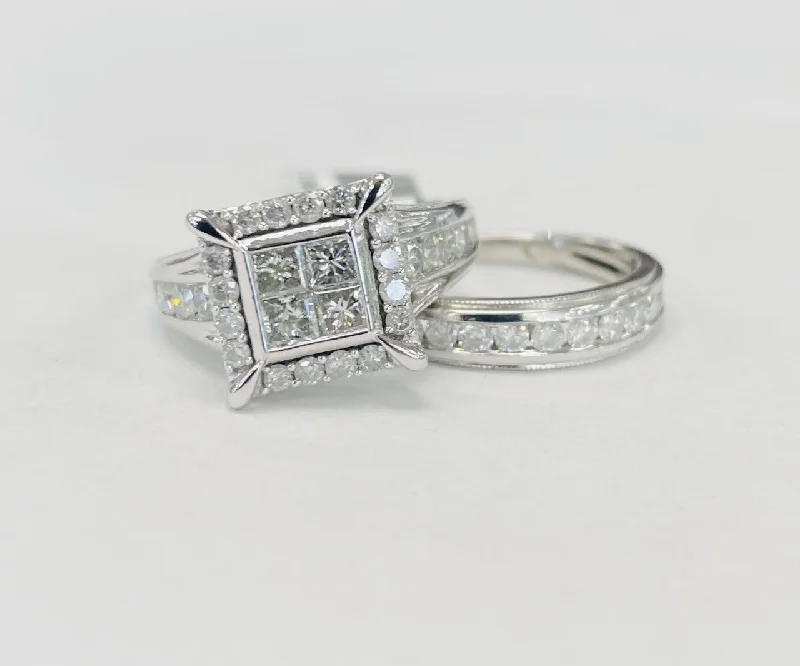 engagement rings with simple solitaire diamond -Quad Square Halo Diamond Wedding Set 1 1/2CTW