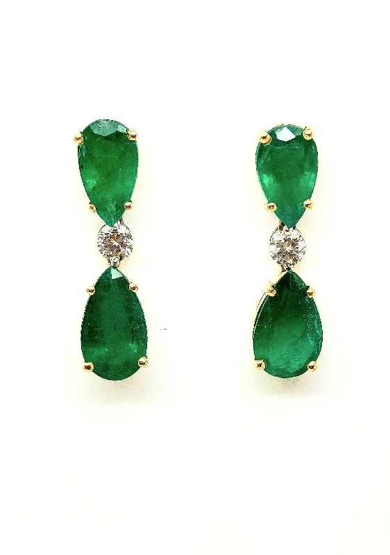 women's earrings gemstone -Pear Shaped Emerald And Diamond  Drop Earrings In 14k Yellow Gold