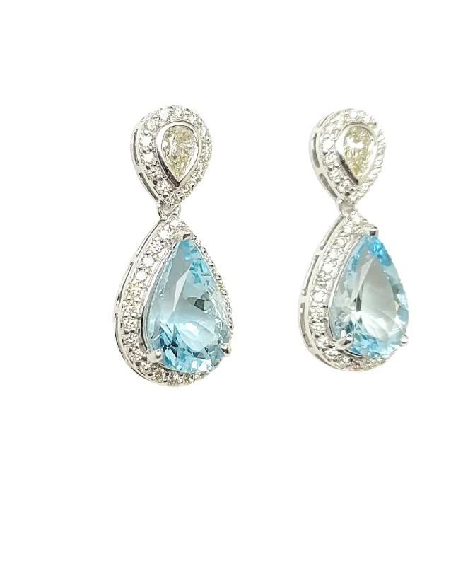 women's earrings with teardrop shape -Aquamarine and Diamond Halo Drop Earrings in 14k White Gold( AD NO. 2906)