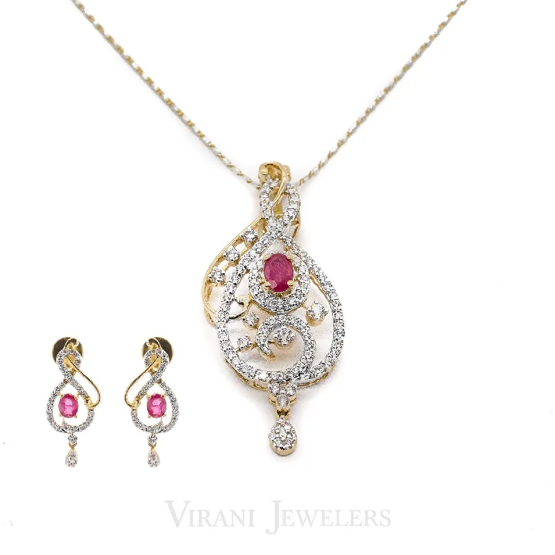 women's earrings for layering -1.46 CT Round Brilliant Diamond Ruby Pendant and Earrings Set in 18K Yellow & White Gold