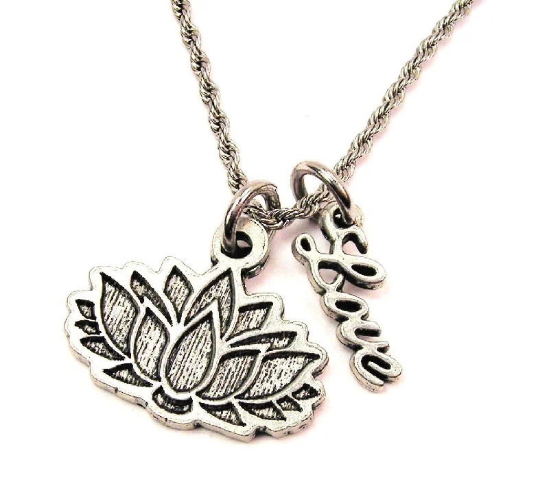 women's necklaces with gold chain -Detailed Lotus Flower 20" Chain Necklace With Cursive Love Accent