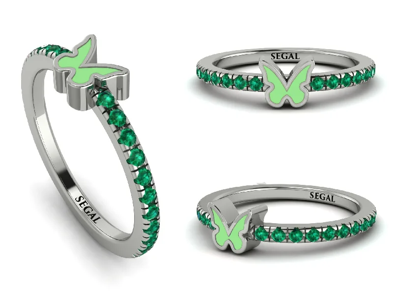 women's rings wide band design -Elegant Enamel Butterfly Emerald Ring - Butterfly No. 6