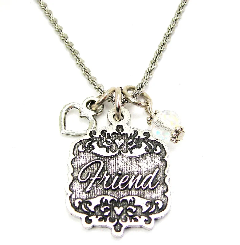 women's necklaces with dragonfly charm -Friend Victorian Scroll With With Open Heart And Crystal 20" Stainless Steel Rope Necklace