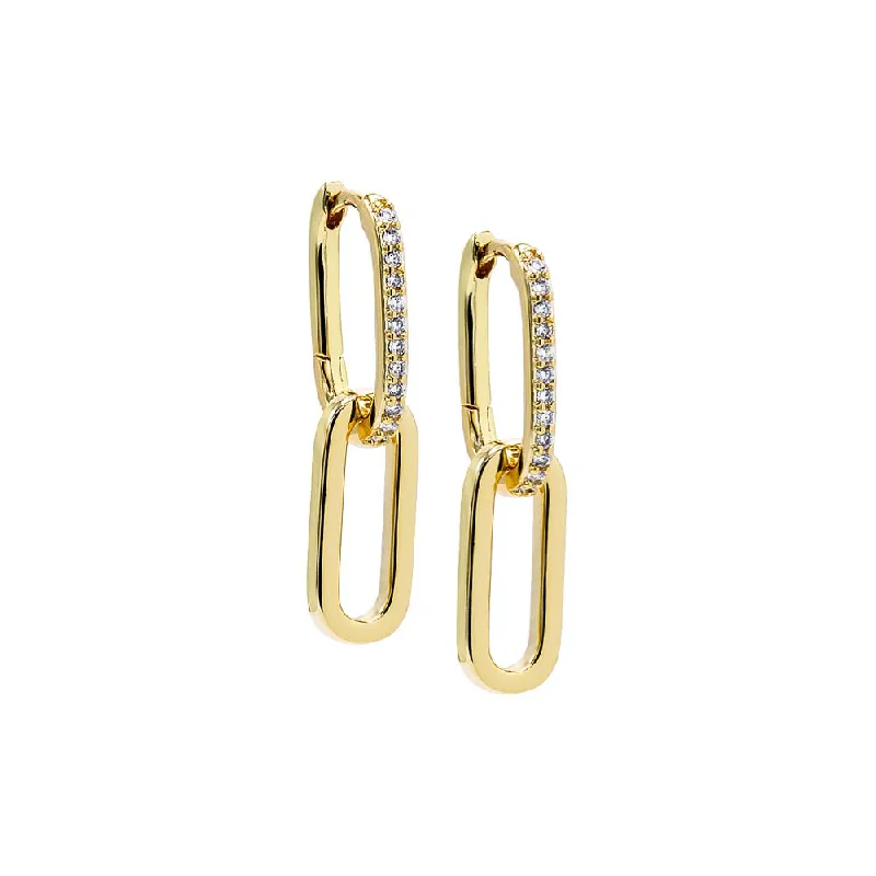 women's earrings gemstone -Gold Solid Pave Drop Link Huggie Earring