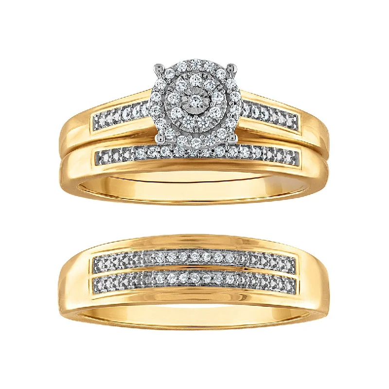 engagement rings with romantic appeal -1/5 CTW Diamond Halo Wedding Trio Set in 10KT Yellow Gold