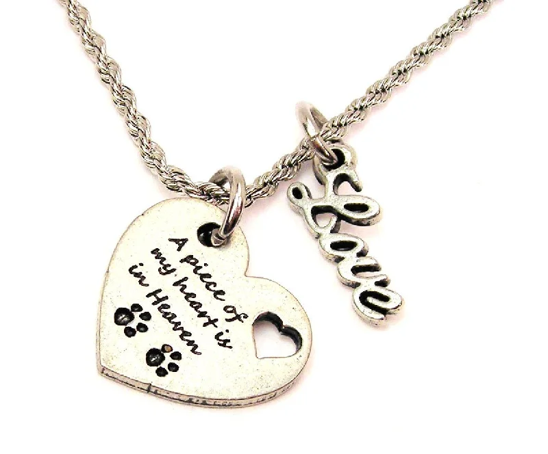 women's necklaces with teardrop design -A Piece Of My Heart Is In Heaven With Paw Prints 20" Chain Necklace With Cursive Love Accent