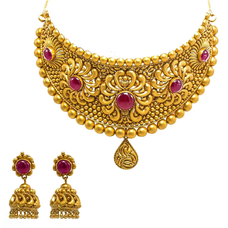 women's earrings with angular shape -22K Yellow Gold Choker & Jhumki Earrings Set W/ Rubies & Matte Finished Flower Ball Design