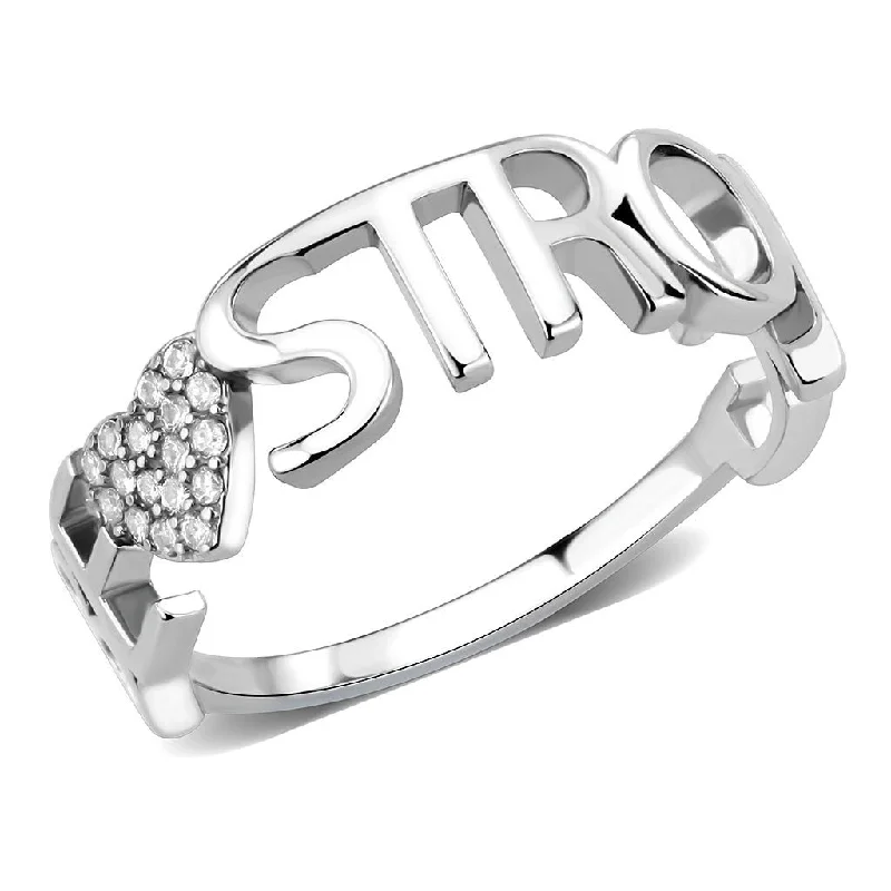 women's rings personalized -AAA Grade CZ on Heart Shape with Be Strong Lettering Stainless Steel Band