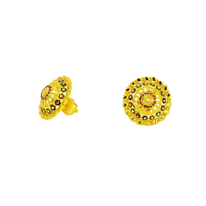 women's earrings with emerald -22K Yellow Gold Stud Earrings W/ Meenakari Design & Open Cut Round Shield Frame