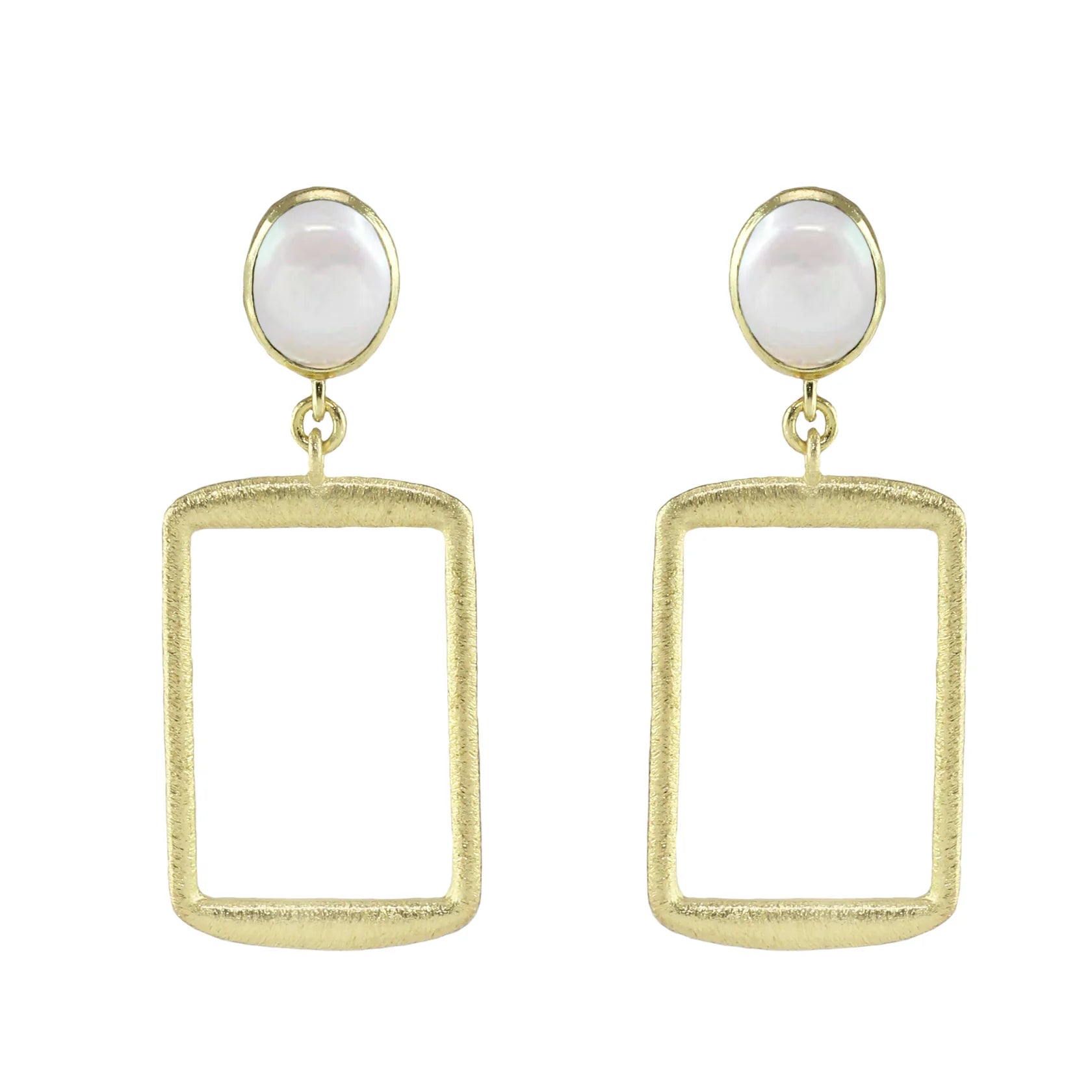 women's earrings with geometric studs -18K YG Plated Open Rectangle Drop With With Pearl Post Earrings.