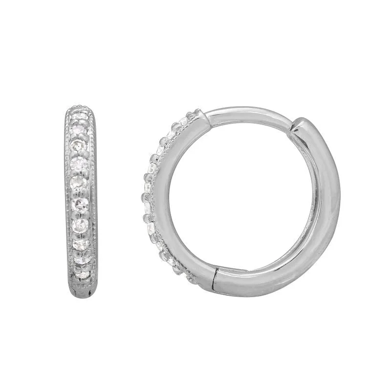 women's earrings with long dangling -14k White Gold Round Diamond Huggie Earrings