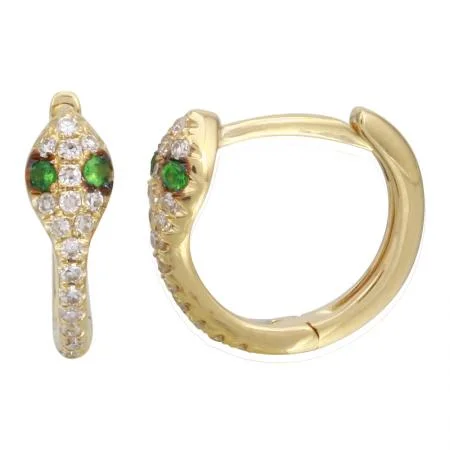 women's earrings for wedding day -14k Gold Snake Diamond Huggie Earrings / Green Eye