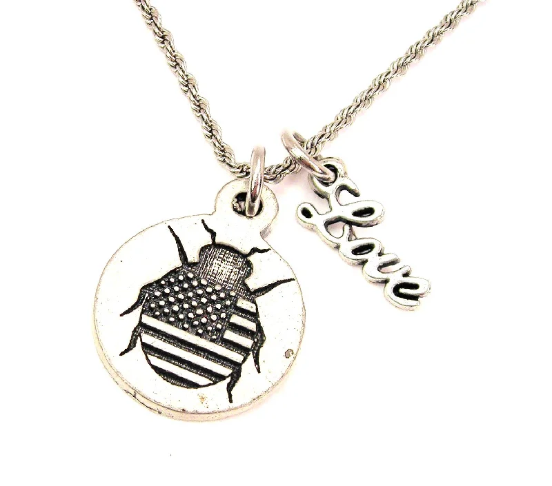 women's necklaces with hand-painted design -American Flag Lady Bug 20" Chain Necklace With Cursive Love Accent