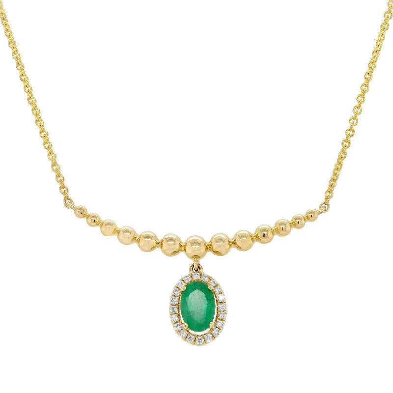 women's necklaces short and dainty -YELLOW GOLD NECKLACE WITH OVAL CUT EMERALD AND ROUND CUT DIAMONDS, .08 CT TW