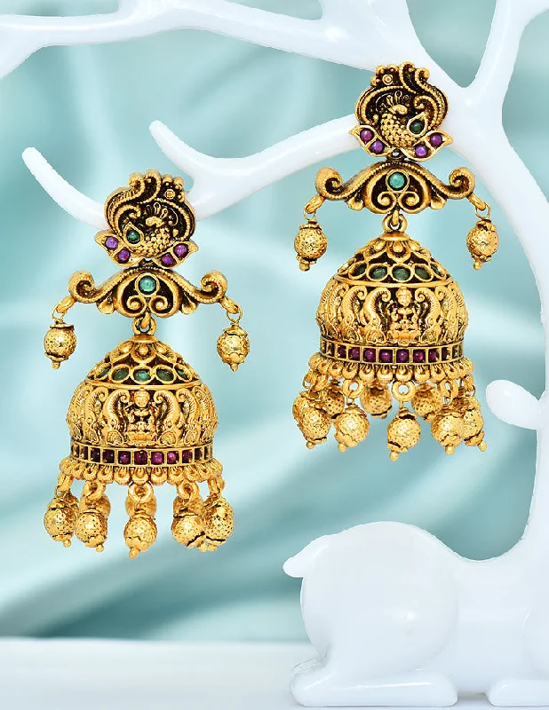 women's earrings with celestial theme -Designer Zirconia Kempu Peacock Jhumka Earrings