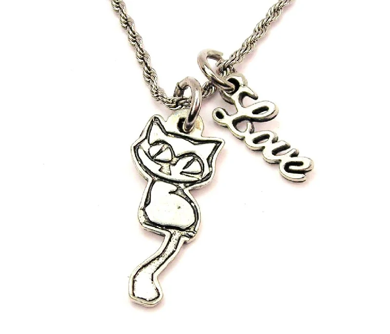 women's necklaces statement necklace -Big Eyed Cat 20" Chain Necklace With Cursive Love Accent