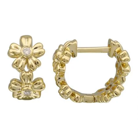 women's earrings with gemstone drop -Gold Flower Diamond Center Huggies