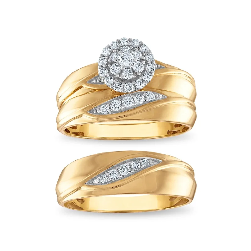 engagement rings with diamonds -EcoLove 3/8 CTW Lab Grown Diamond Cluster Halo Wedding Trio Set in 10KT Yellow Gold