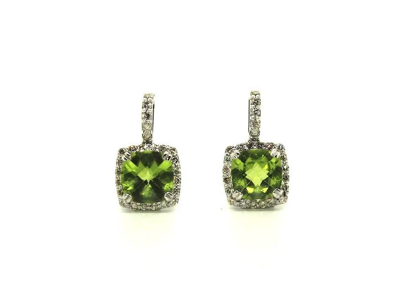 women's earrings for gifting -Peridot And Diamond Cushion Halo Earring Ad No.0903