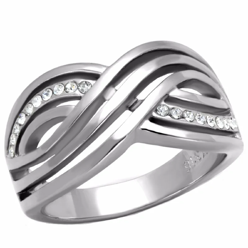 women's rings pearl -Top Grade Crystal Three Waves Line X Shape Stainless Steel Band