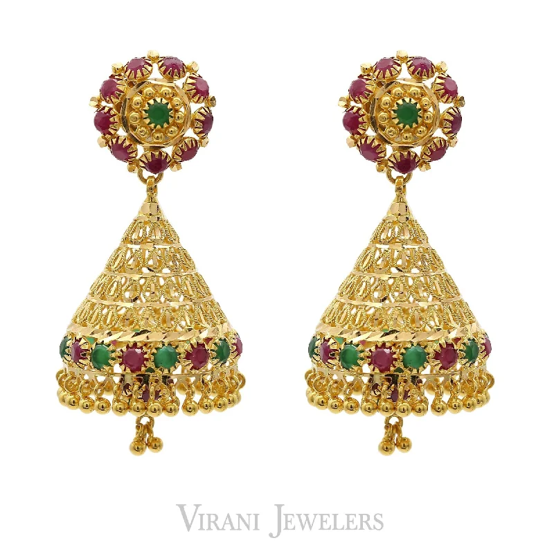 women's earrings with cluster diamonds -22K Yellow Gold Flower Jhumkis Drop Earrings W/ Rubies & Emeralds