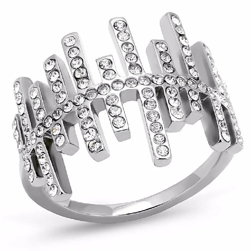 women's rings with symbolic meaning -Top Grade Clear Crystal in Asymmetry Line Stainless Steel Band