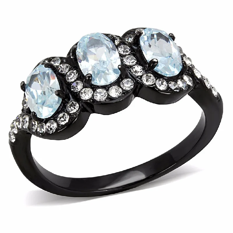 women's rings emerald -3 Sky Blue Oval CZs with Clear CZs set in Black IP Stainless Steel Band Ring