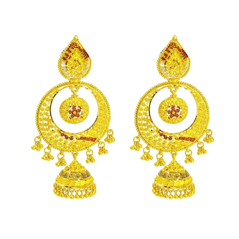 women's earrings boho style -22K Yellow Gold Chandbali Earrings W/ Jhumki Drops & Filigree Details