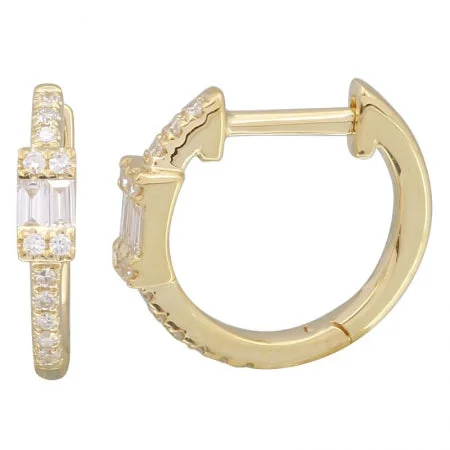 women's earrings classic style -14k Yellow Gold Diamond Illusion Baguette Huggie Earrings