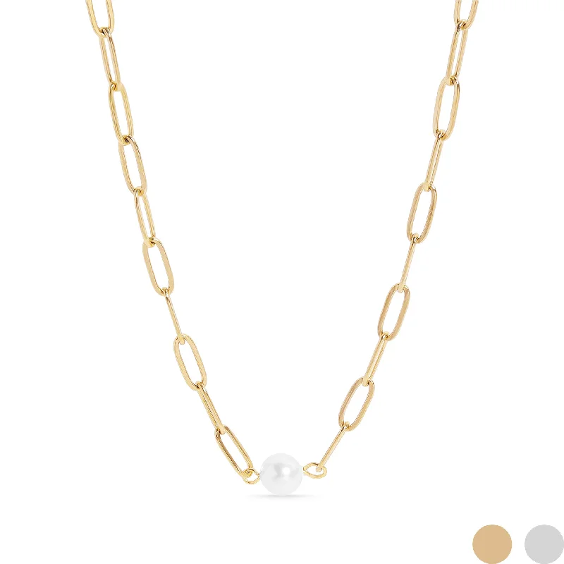 women's necklaces long and elegant -18K Gold PVD Stainless Steel Paperclip Necklace With Pearl / CHN9956