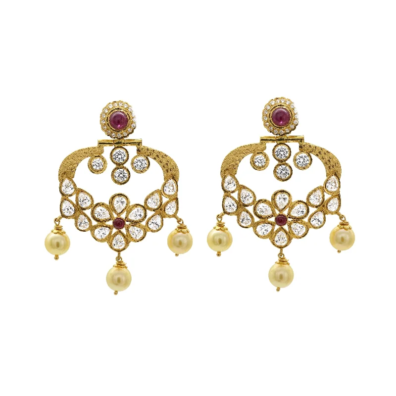 women's earrings with antique finish -22K Antique Textured Gold Dangle Earrings W/ Rubies, Cubic Zirconia, & Pearls