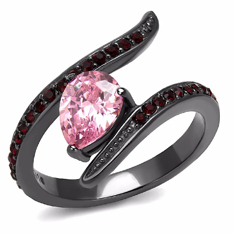 women's rings infinity symbol -Pink Pear CZ and Red Round CZ set in IP Light Black Stainless Steel Band