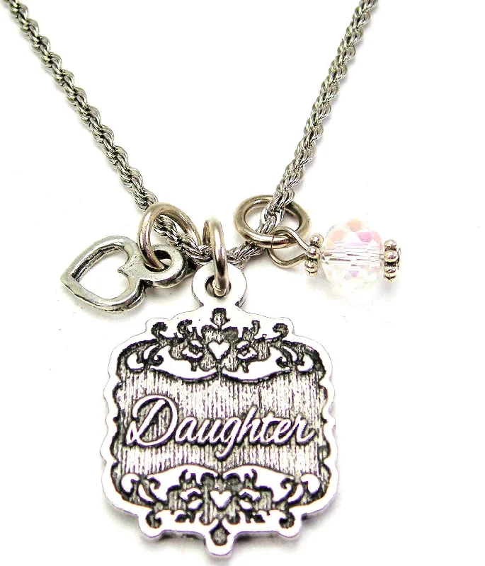 women's necklaces with angel wings -Daughter Victorian Scroll With With Open Heart And Crystal 20" Stainless Steel Rope Necklace