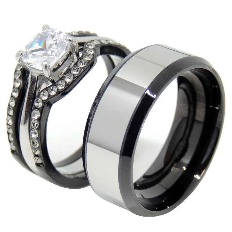 engagement rings with diamond halo -His Hers 4 PCS Black IP Stainless Steel Cushion Cut CZ Wedding Set Mens Two Tone Band