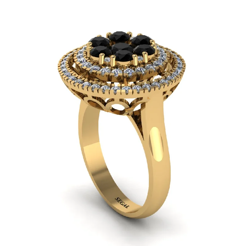 women's rings for anniversary -Vintage Double Halo Black Diamond Cluster Ring - Nanette No. 7