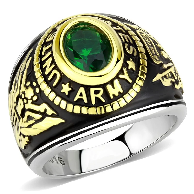 women's rings animal-shaped -Women's 316 Stainless Steel Two Tone Gold Army Military Green CZ Ring