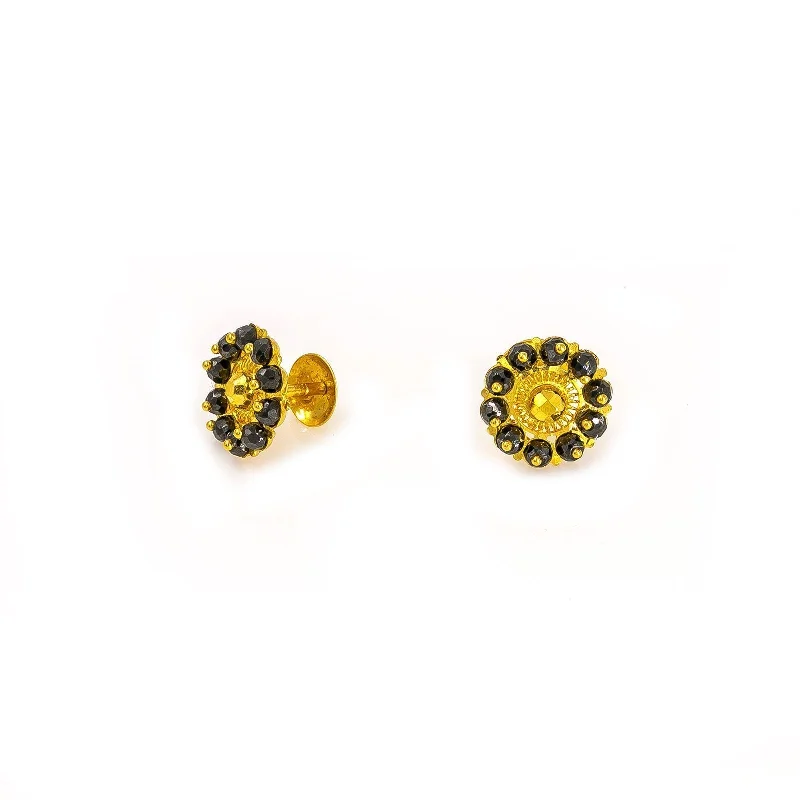 women's earrings gold with crystals -22K Yellow Gold Stud Earrings W/ Faceted Glass Bead Petals