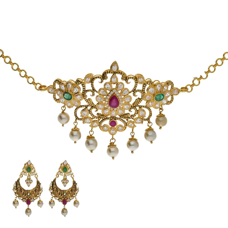 women's earrings with star shape -22K Yellow Antique Gold 2-in-1 Choker/Vanki & Chandbali Earrings Set W/ Emerald, Ruby, CZ, Pearls & Paisley Flower Design