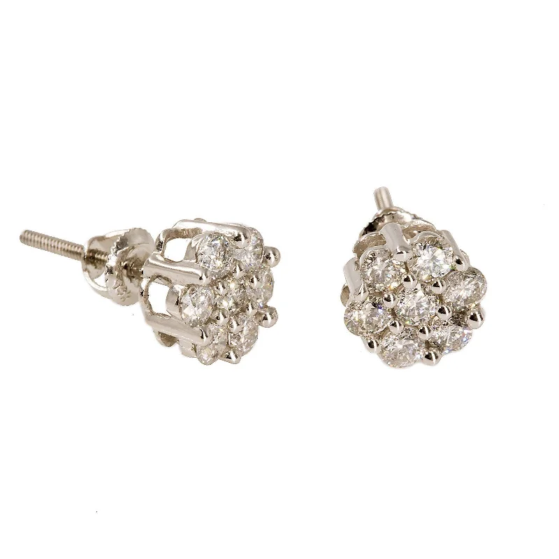 women's earrings with star shape -14K White Gold Diamond Stud Earrings W/ 1.0ct SI Diamonds & Cluster Flower