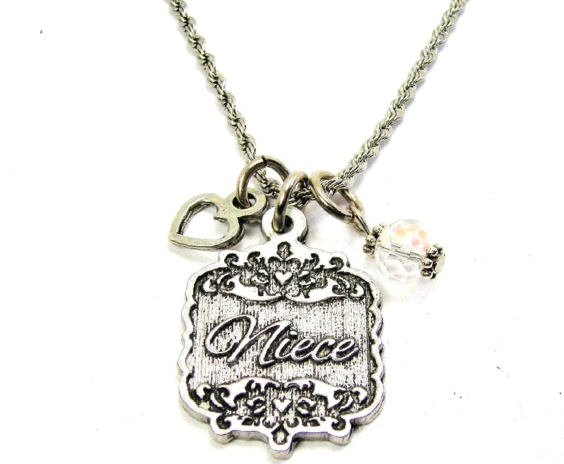 women's necklaces luxury jewelry -Niece Victorian Scroll With Open Heart And Crystal 20" Stainless Steel Rope Necklace