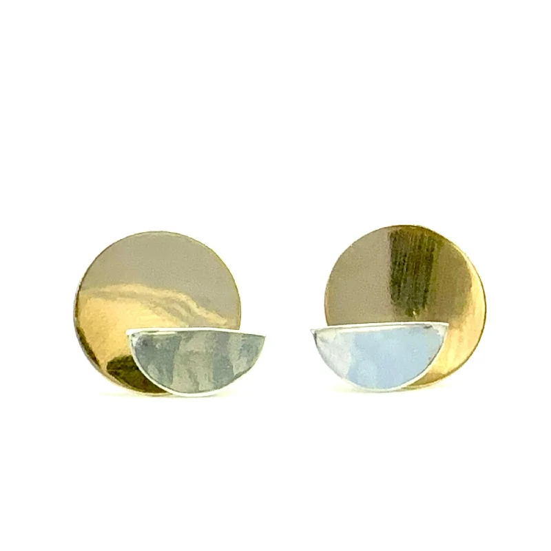 women's earrings for bridesmaids -Half Moon Argentium Silver Stud with 14kt Gold-Filled Disc Ear Jacket Earring