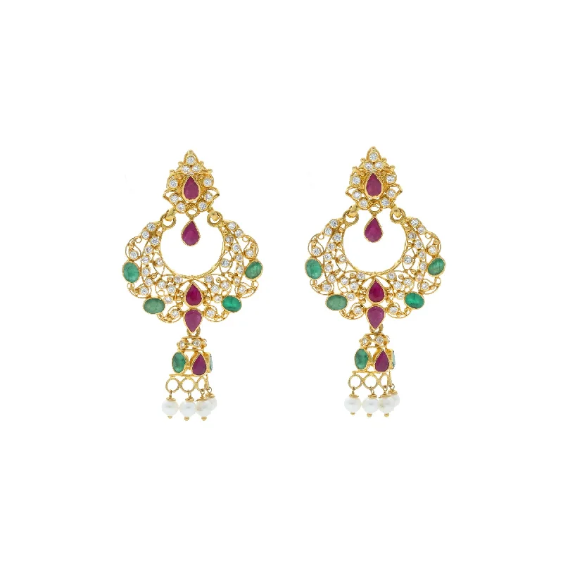 women's earrings hoop -22K Yellow Gold Hoop Earrings W/Rubies,Emeralds,CZ and pearls with Dreamcatcher Design