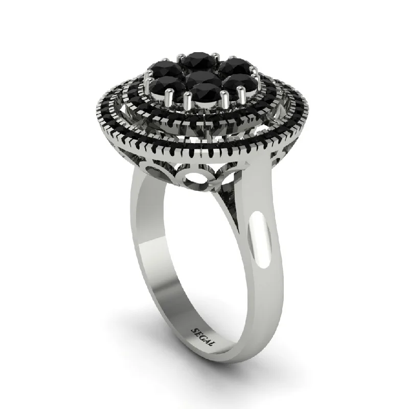 women's rings heart-shaped -Vintage Double Halo Black Diamond Cluster Ring - Nanette No. 39