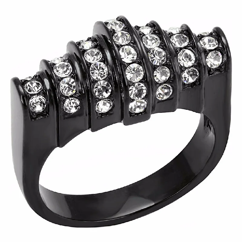 women's rings with contemporary twist -Top Clear Crystals Set in Black Ion Plated Stainless Steel Designer Band